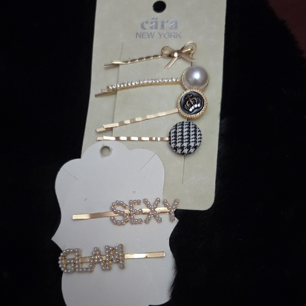 Gold Accent Hair Pin Set - Gold, Pearl & Black Houndstooth Set Of 6 NWOT